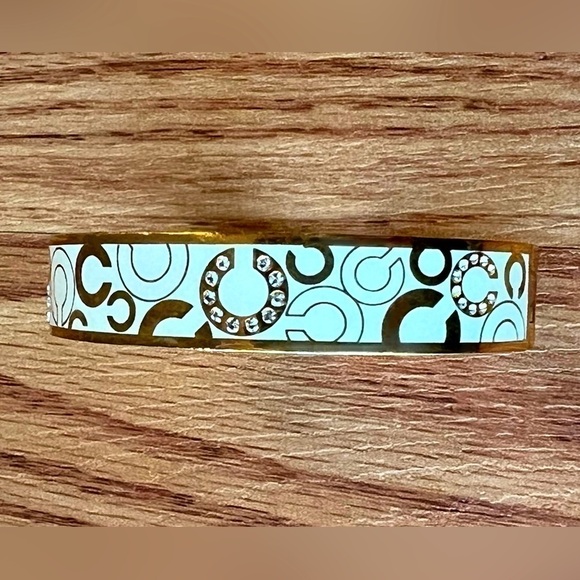 Authentic Coach White Enamel Gold-Tone “C” Bangle Bracelet with Crystals - Picture 1 of 7